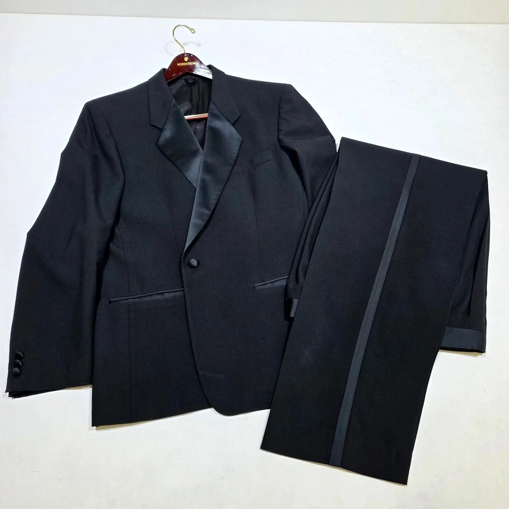 Tallia Tuxedo Suit Mens Black Tie Satin Peak Lapel Formal Wedding Gala 2pc Set